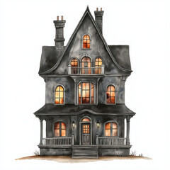 Watercolor Haunted House with Warm Lights for Halloween
