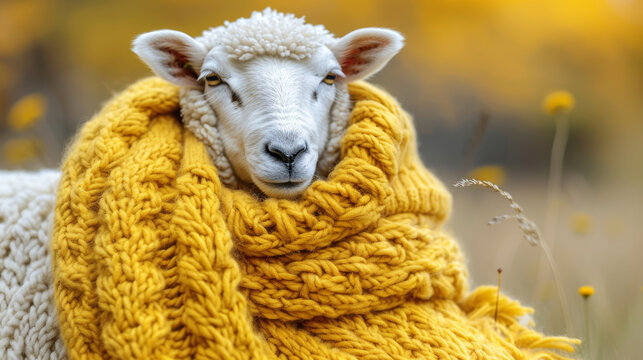 sheep in a cozy knitted wool sweater outdoors
