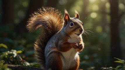 Squirrel in the autumn forest. Wild animal in the nature.