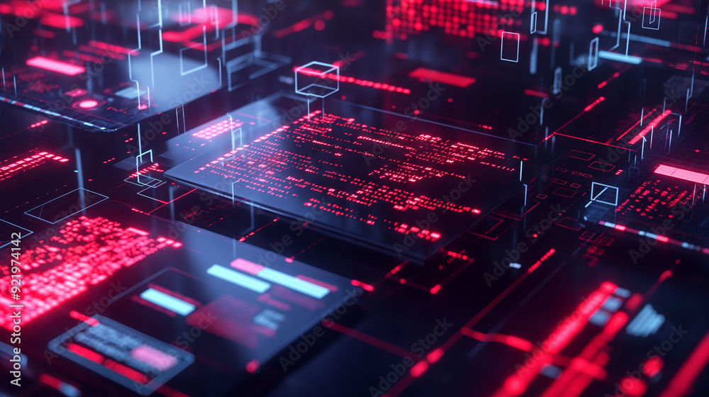 Poster a simulated data breach scenario with visual elements like breach notifications, compromised data al