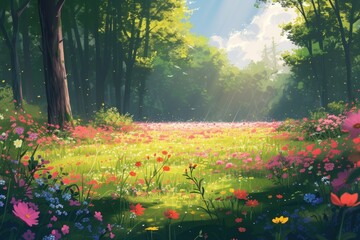 Obraz premium Colorful spring flower field forest landscape grassland.