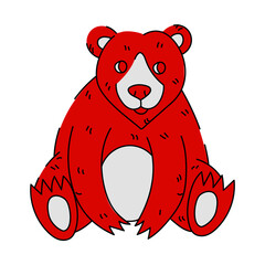 Flat vector illustration of a Canadian bear in red with a black outline and texture. The bear is depicted in a sitting position. A bright isolated animal, the subject of Canada Day on a white