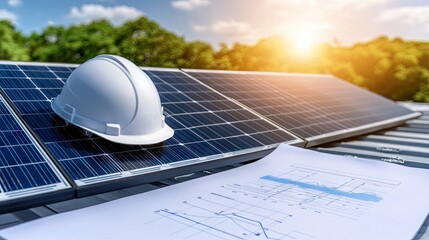 Engineer surveys solar panel installation plans on a sunny rooftop while analyzing data points for photovoltaic project success