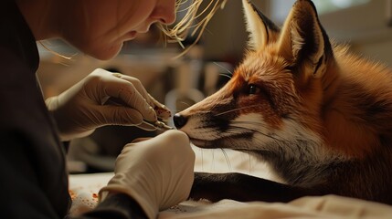 Animal welfare worker treating an injured fox