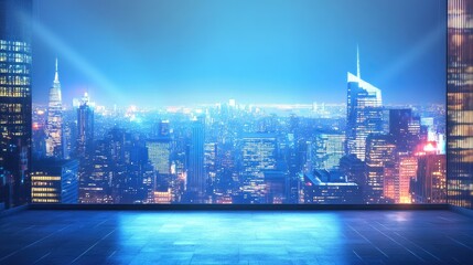 A theater stage with a city skyline backdrop, ready for a contemporary urban drama.