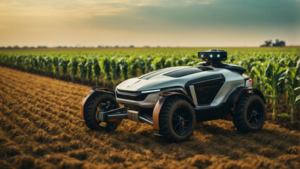 Robotic agriculture and autonomous car working on an intelligent farm, AI generated
