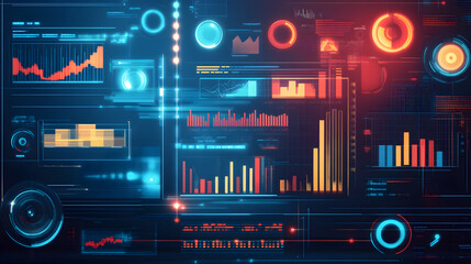 Obraz premium A high-tech digital illustration showcasing business process automation, featuring graphs for distribution analysis and consumption monitoring in a futuristic environment