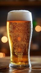 Frothy Cold Pint of Golden Beer Poured into a Tall Glass Against a Blurred Backdrop