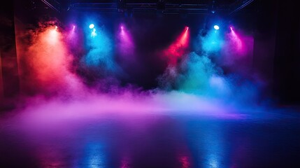 Obraz premium A dramatic stage scene with fog and colored lights, creating a mysterious atmosphere.