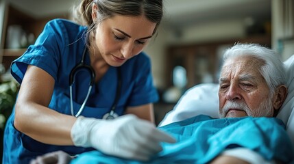 A home healthcare worker providing wound care to a senior in a peaceful residential setting. The scene showcases the caregiver gentle touch and the senior calm demeanor, with clean, uncluttered