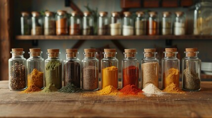 A collection of spices in glass jars, showcasing various colors and textures on a wooden table.