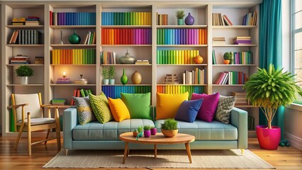 Vibrant rainbow-colored books and decorative objects adorn a cozy living room shelf, adding a pop of personality to a warm and inviting home decor setting.