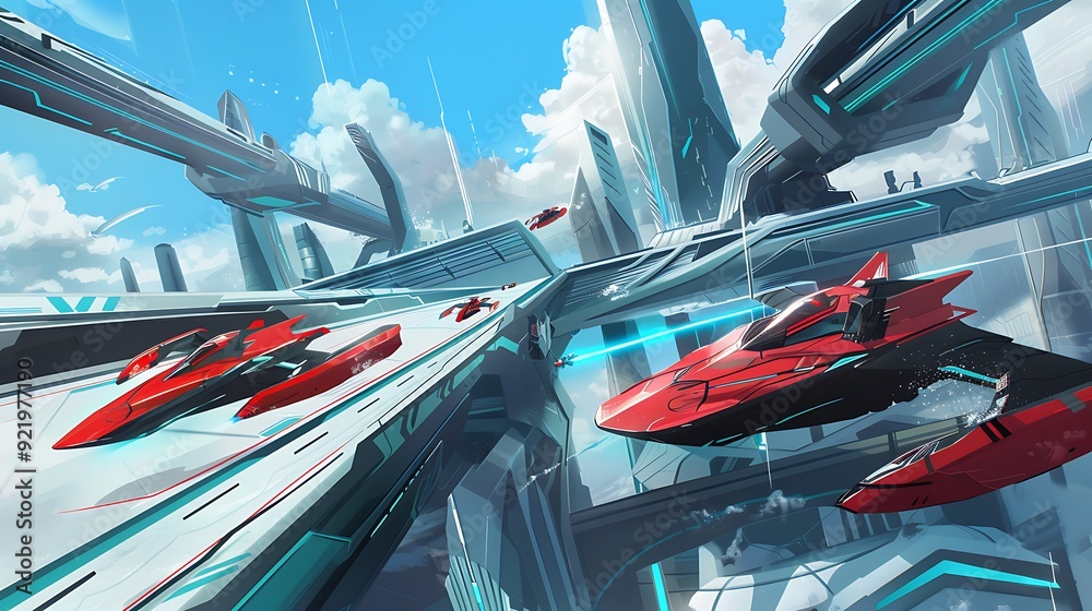 Canvas Prints Futuristic Cityscape with Red Racing Cars.