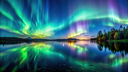 Aurora borealis dancing over a serene lake at night , northern lights, aurora, lake, reflection, night sky