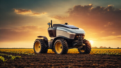 Fototapeta premium Innovation technology smart farming with Robot tractor, AI generated