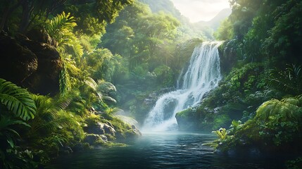 Crystal-clear water cascades over mossy rocks in lush green rainforest, a natural masterpiece