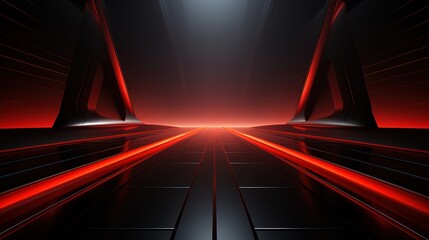 Abstract red light on a futuristic black tiled floor with triangular structures.