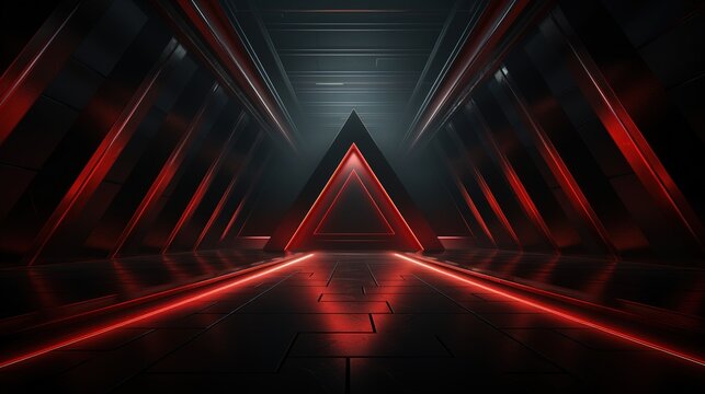 Abstract red neon glowing triangle in dark futuristic corridor.