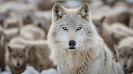Obraz premium beautiful white wild wolf looking at camera with pack of wolf on blur background