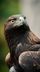 Majestic golden eagle perched gracefully on lush grass. Captured in stunning detail, this powerful raptor showcases its impressive plumage and keen gaze. Perfect for wildlife and nature projects