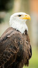Stunning close-up of a bald eagle perched majestically on a tree branch. The sharp gaze and powerful stance of this iconic bird symbolize strength and freedom. 