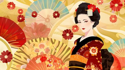 Japanese Woman in Traditional Kimono with Floral Background and Folding Fans.