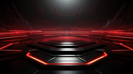 Abstract red neon lights illuminate a black geometric platform.