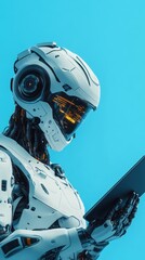 White and black robot looking at tablet with blue background