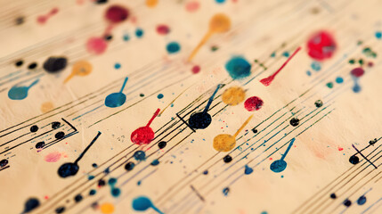 Colorful musical notes pattern on sheet music