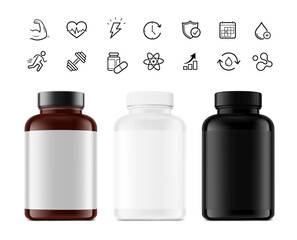 Plastic bottle mockups for nitric oxide booster, sports nutrition, additives with icons set. Vector illustration isolated on white background. Can be use for template your design, presentation. EPS10.