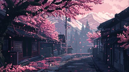 Pixelated Japanese Street with Cherry Blossoms.