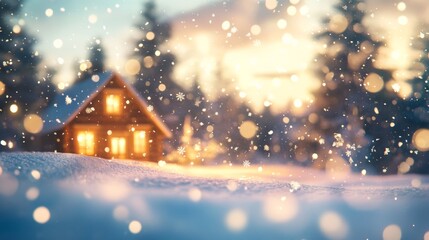 Obraz premium Cozy wooden cabin glowing in magical winter wonderland snowfall at sunset