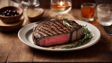 A large steak on a wooden table, cooked and ready to eat, AI generated