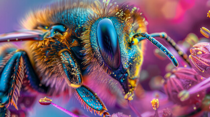 Extreme close-up of a honeybee's fuzzy body and pollen baskets, vivid colors