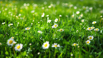 Field of green grass and blooming daisies and dandelions, a lawn in spring