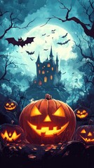 Vertical Halloween graveyard scene. Haunting nightmare halloween background, cartoon horror castle scenery scary ghost at tomb stones grave in dark forest hill.