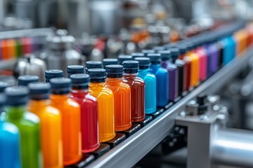 Obraz premium Colorful Bottles on a Conveyor Belt.