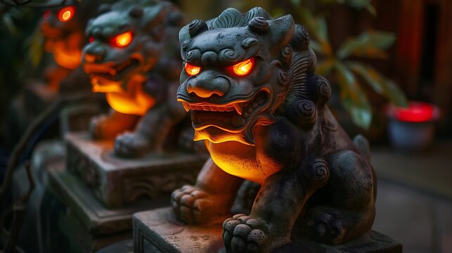 Illuminated Stone Lion Guardian Statue with Glowing Eyes.