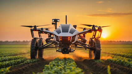 Fototapeta premium Applying fertilizer using a drone on green corn Farm automation and agricultural technology, AI generated
