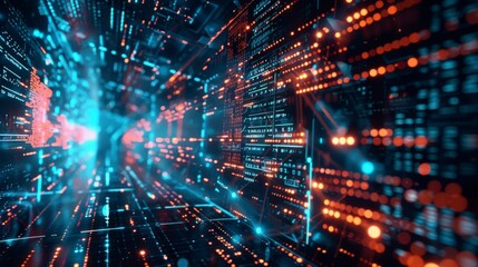 Fototapeta premium Glowing digital data streams flow through a futuristic cyber tunnel representing high-speed internet and cloud computing.