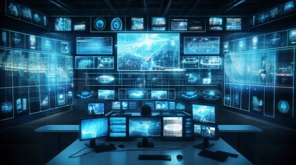 A futuristic control room with multiple screens displaying data and graphics.