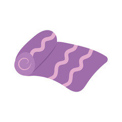 Purple towel with ornament twisted into a roll. Vector illustration of a towel, a beach mat, hand drawn in a cartoon style, eps 10