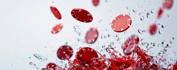 Fototapeta premium Water splashing up as red poker chips are flying through the air