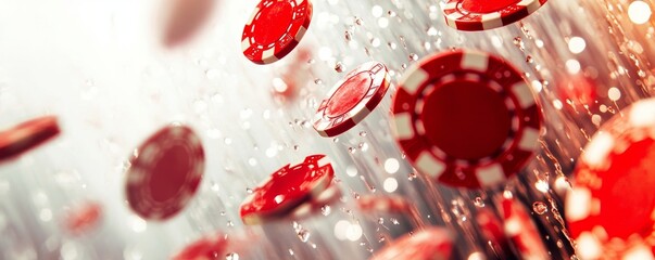 Red poker chips falling through sparkling water droplets
