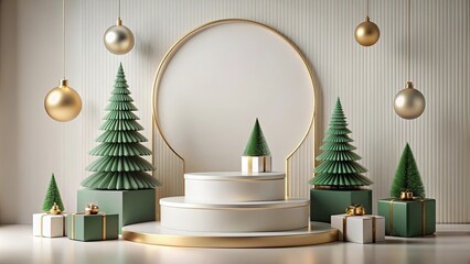 Abstract Christmas-themed podium display with geometric forms on a minimal background, minimal, scene, geometrical, forms