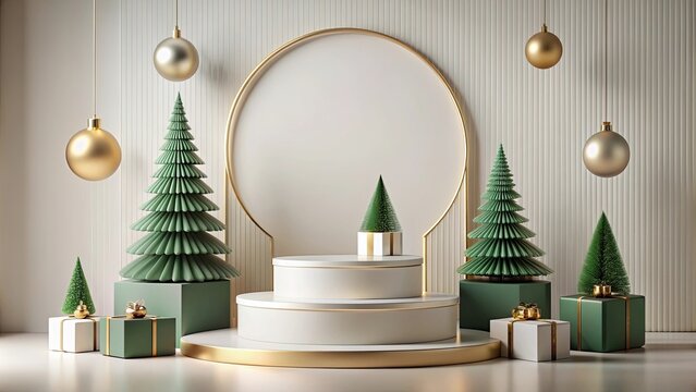 Abstract Christmas-themed podium display with geometric forms on a minimal background, minimal, scene, geometrical, forms
