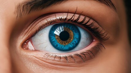 Fototapeta premium Close-up of a natural eye with striking blue iris, on a white foundation, idea of vision.