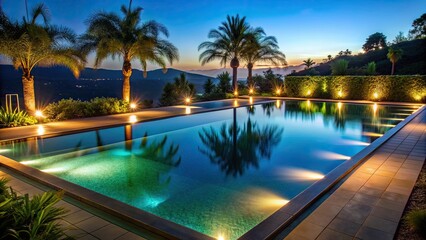 A serene pool at night with glowing lights reflecting in the water, night, pool, water, lights, serene, tranquil, peaceful