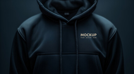 Black hoodie with a hood on a dark background, created with Generative AI technology.