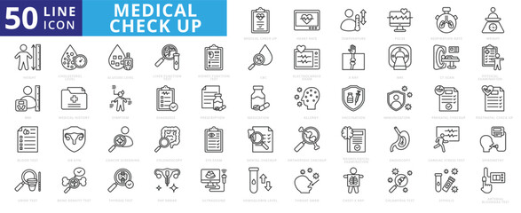 Medical check up icon set with heart rate, temperature, pulse, respiration, weight, height, body mass index and blood test.